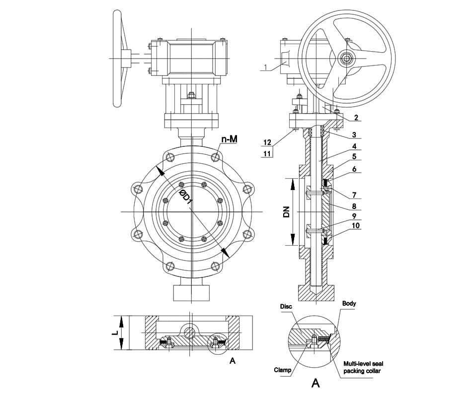 Triple eccentric carbon steel lug butterfly valve Drawing